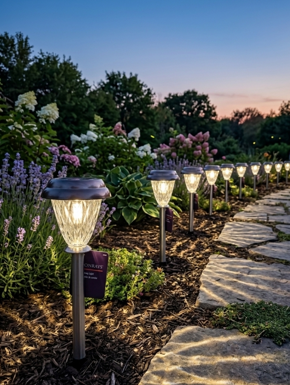 NWT Premium Moonrays 24004 Stainless Steel & Glass Solar Path Lights Set of 4